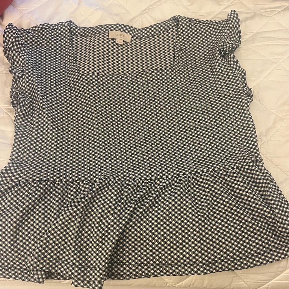 LOFT Black & White Gingham Peplum Cap-Sleeve Top